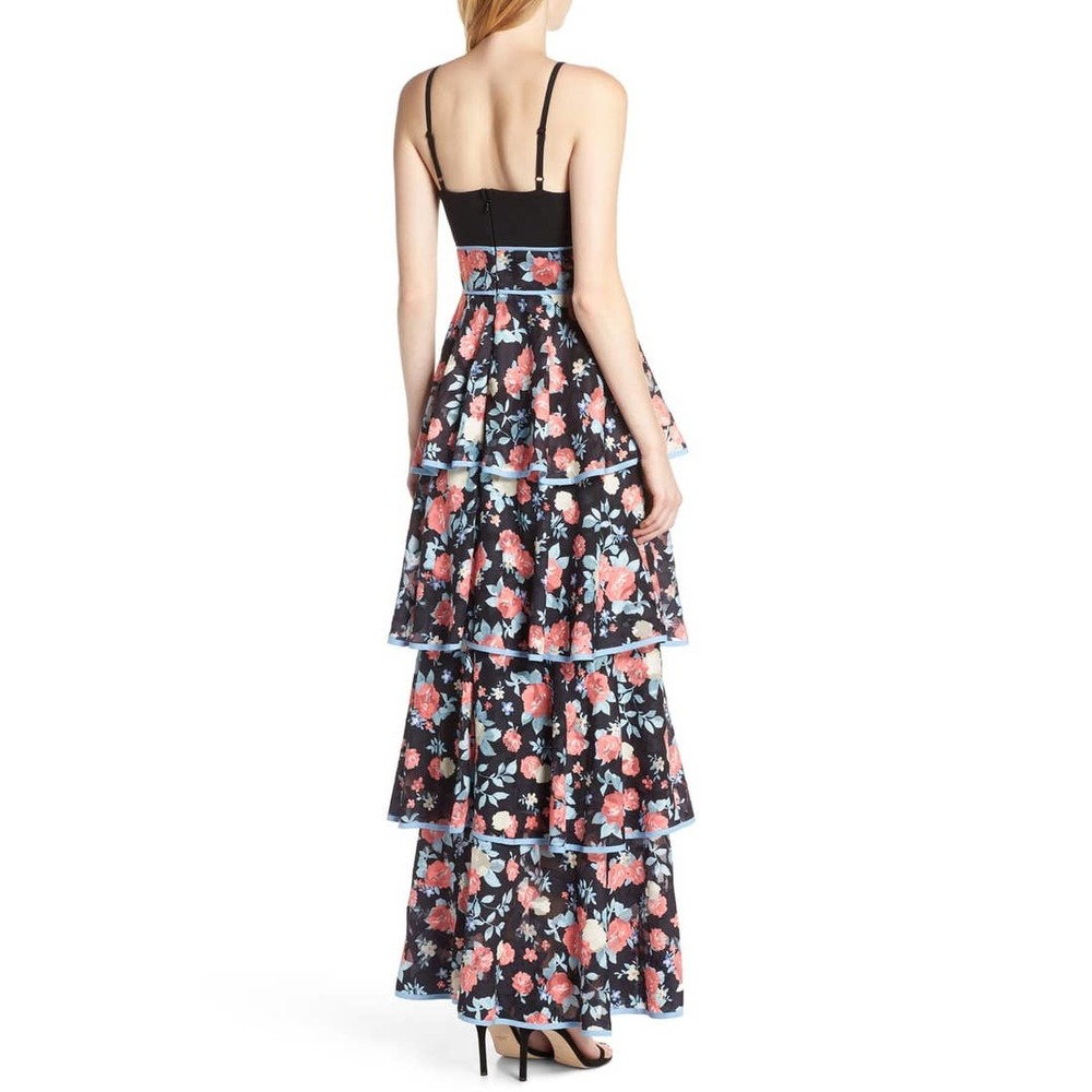 Foxiedox Darlene Ruffle Tiered Floral Print Keyhole Bodice Maxi Formal Dress Lrg - Picture 3 of 12